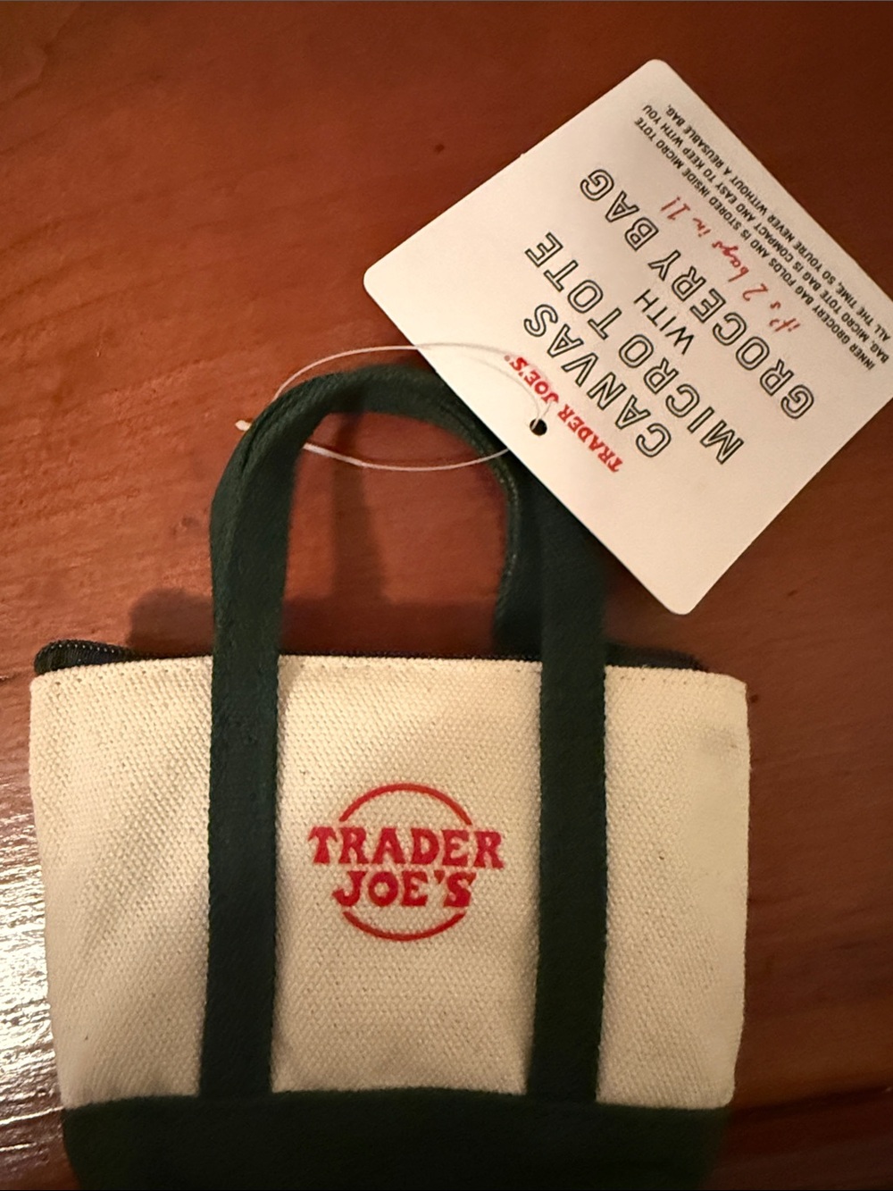 Trader Joe’s Mini Tote Bag in Cream and Dark Green- bag inside. HOT item